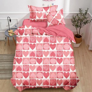 Lenjerie pat 1 PERSOANA,  FINET, 4 piese, cu ELASTIC, Roz, inimioare