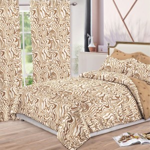 Lenjerie pat dublu,  FINET, 8 piese, cu 2 DRAPERII INCLUSE, Crem, Maro, valuri