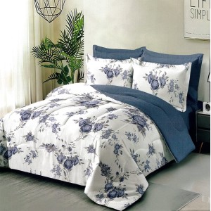 Lenjerie pat dublu,  FINET, 6 piese, cu ELASTIC, Albastru, trandafiri