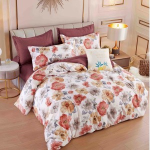 Lenjerie pat dublu,  FINET, 6 piese, cu ELASTIC, Jojo Home, Crem-Maro, flori