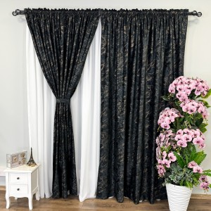 Draperie Catifea MYKONOS cu valuri rafinate aurii, 140cm latime x 260cm înălțime, cu TIV LAT, Negru - V8