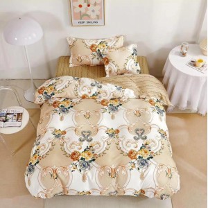 Lenjerie pat 1 PERSOANA,  FINET, 4 piese, cu ELASTIC, Bej, flori