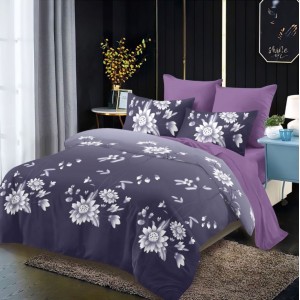 Lenjerie pat dublu,  FINET, cu elastic, 6 piese, Mov, flori