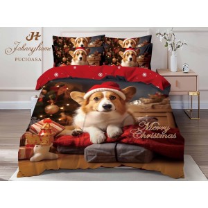 Lenjerie pat dublu, FINET, Digital Print, Craciun, Roșu, Maro, cățel Lenjerie pat dublu, FINET, Digital Print, Craciun, Roșu, Maro, cățel