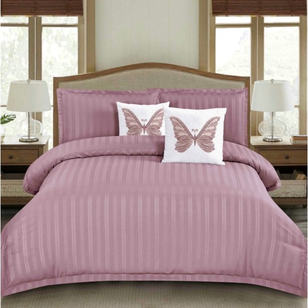 Lenjerie HoReCa, pat dublu, Damasc Satinat Deluxe cu Elastic, 6 piese, IDENTICA CU POZA, Roz pudra [1]