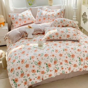 Lenjerie pat 1 PERSOANA,  Soft Touch CREPONAT DELUXE, 4 piese, cu ELASTIC, Grej, flori