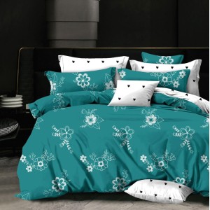 Lenjerie pat dublu,  FINET, 6 piese, Turquoise, flori