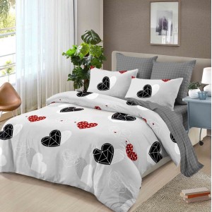 Lenjerie pat dublu,  FINET, cu elastic, 6 piese, Gri, inimioare
