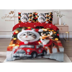 Lenjerie pat dublu,  FINET, Digital Print, Craciun, Roșu, Multicolor, pisicuță, mașinuța, ren