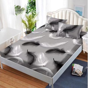 Cearsaf cu elastic, FINET, 180x200cm, 2 fete de perne 50x70cm, Gri, pene