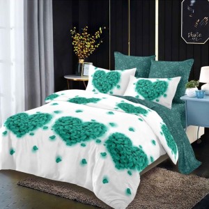 Lenjerie pat dublu,  FINET, cu elastic, 6 piese, Alb, Turquoise, Inimioare