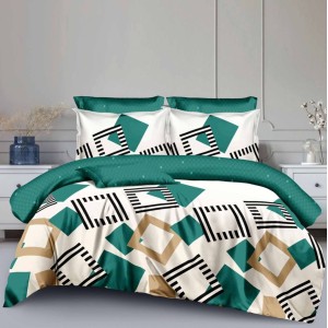 Lenjerie pat dublu,  FINET, 6 piese, cu ELASTIC, Verde, forme geometrice