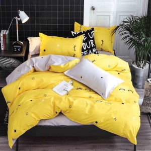 Lenjerie pat 1 PERSOANA, 4 piese, cu ELASTIC,  Galben, gene, stelute