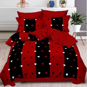 Lenjerie pat dublu,  FINET, 6 piese, cu ELASTIC, Rosu-Negru, inimioare