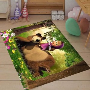 Covor Copii Antiderapant, Design Masha si Ursu, Verde/Maro/Mov