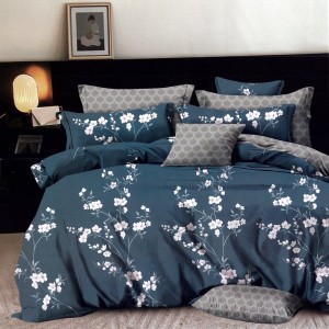 Lenjerie pat dublu,  FINET, 6 piese, cu ELASTIC, Albastru, flori
