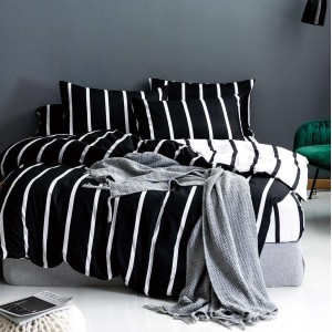 Lenjerie pat dublu cu doua feţe, bumbac satinat, 4 piese,  Negru, dungi