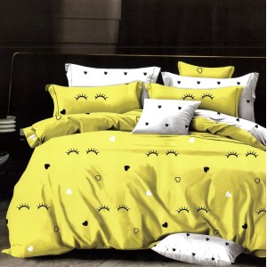 Lenjerie pat dublu,  FINET, 6 piese, cu ELASTIC, Galben, gene, inimioare