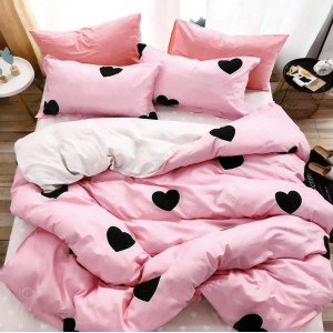 Lenjerie pat dublu cu doua feţe, bumbac satinat, 4 piese,  Roz, inimioare
