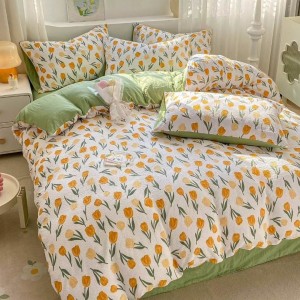 Lenjerie pat 1 PERSOANA,  Soft Touch CREPONAT DELUXE, 4 piese, cu ELASTIC, Verde-Galben, lalele