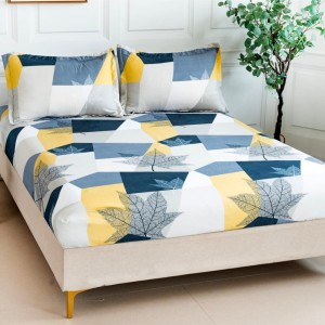 Cearsaf cu elastic, Bumbac Satinat, 160/180x200cm, 2 fete de perne 50x70cm, Albastru, frunze, forme geometrice