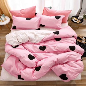 Lenjerie pat 1 PERSOANA, 4 piese, cu ELASTIC,  Roz, inimioare