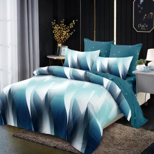 Lenjerie pat dublu,  FINET, cu elastic, 6 piese, Alb, Turquoise, Abstract