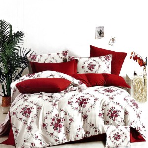 Lenjerie pat dublu,  FINET, 6 piese, Rosu, flori