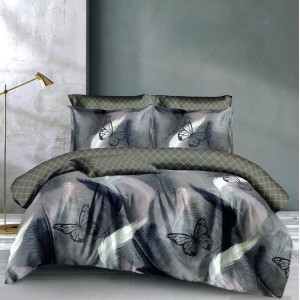 Lenjerie pat dublu,  FINET, 6 piese, cu ELASTIC, Gri, fluturi, pene