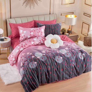 Lenjerie pat dublu,  FINET, 6 piese, cu ELASTIC, Jojo Home, Gri, inimioare