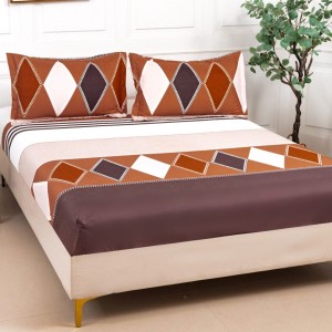 Cearsaf cu elastic, Bumbac Satinat, 160/180x200cm, 2 fete de perne 50x70cm, Maro, romburi