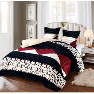 Pilota CoCoLiNo Frizzy cu blanita, matlasata, 200x230cm, cu fete de perna 60x60cm, Rosu, Negru, forme geometrice, animal print