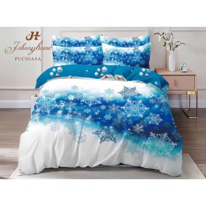 Lenjerie pat dublu,  FINET, Digital Print, Craciun, Alb, Bleu, fulgi de nea