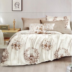 Lenjerie pat dublu,  FINET, 6 piese, Bej, flori, fundite