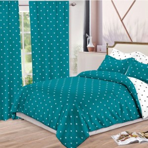 Lenjerie pat dublu,  FINET, 8 piese, cu 2 DRAPERII INCLUSE, Turquoise, Alb, stelute