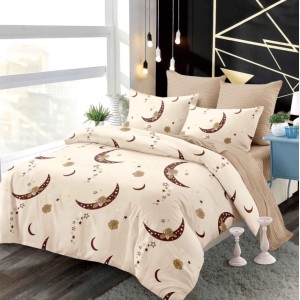 Lenjerie pat dublu,  FINET, cu elastic, 6 piese, Crem, Bej, Luna, Stele