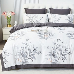 Lenjerie de Pat Dublu, Super Premium,  Finet Ranforsat – Set Exclusivist 6 Piese, Ambalat în Cutie de Lux, Alb, Gri, frunze, flori