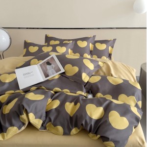 Lenjerie pat dublu,  FINET, 6 piese, Gri-Galben, inimioare