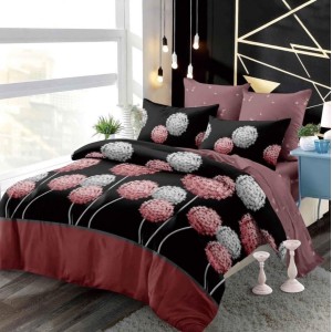 Lenjerie pat dublu,  FINET, cu elastic, 6 piese, Negru, Rosu, papadii