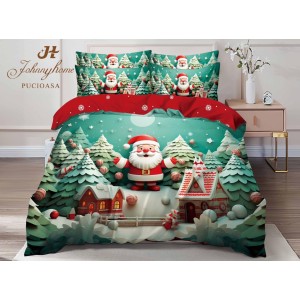 Lenjerie pat dublu,  FINET, Digital Print, Craciun, Verde, Alb, Roșu, orașul lui Moș Crăciun 