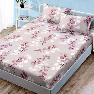 Cearsaf cu elastic, FINET, 180x200cm, 2 fete de perne 50x70cm, Roz, frunze