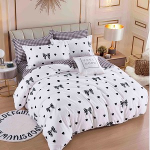 Lenjerie pat dublu,  FINET, 6 piese, cu ELASTIC, Jojo Home, Alb-Negru, fundite, inimioare