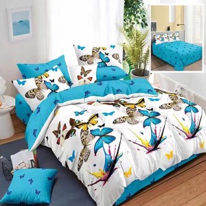 Lenjerie pat dublu, Ralex Pucioasa,  Finet, 6 piese, Albastru, fluturi