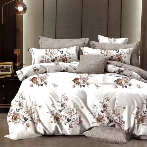 Lenjerie pat dublu,  FINET, 6 piese, cu ELASTIC, Bej, flori