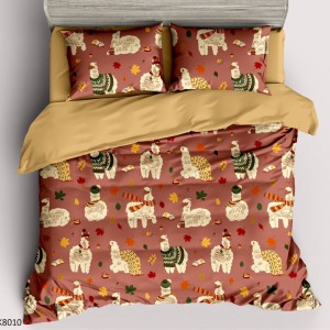 Lenjerie pat Single, BUMBAC 100% Percal, cu 2 Fețe, 4 piese, Maro, Galben, Animale Sălbatice, Frunze