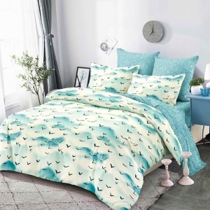 Lenjerie pat dublu,  FINET, cu elastic, 6 piese, Crem, Bleu, Stol de păsări 