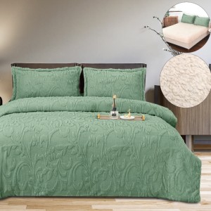 Lenjerie de pat dublu, Luxoasă și Super Pufoasă CoCoLiNo 3D, cu Blăniță Sherpa, 4 Piese, Cearșaf cu Elastic – Microfibră Plusată, Căldură și Stil pentru Dormitorul Tău, Floral print, Verde salvie