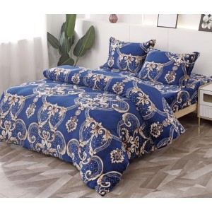 Lenjerie pat dublu, Super Pufoasa COCOLINO, 4 piese, cu ELASTIC, Albastru, Bej, model elegant