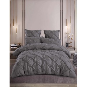 Lenjerie de Pat Premium din  Finet cu Pliuri Brodate, 6 Piese, Nesifonabilă și Durabilă, Gri inchis