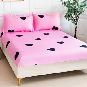 Cearsaf cu elastic, Bumbac Satinat, 160/180x200cm, 2 fete de perne 50x70cm, Roz, inimioare